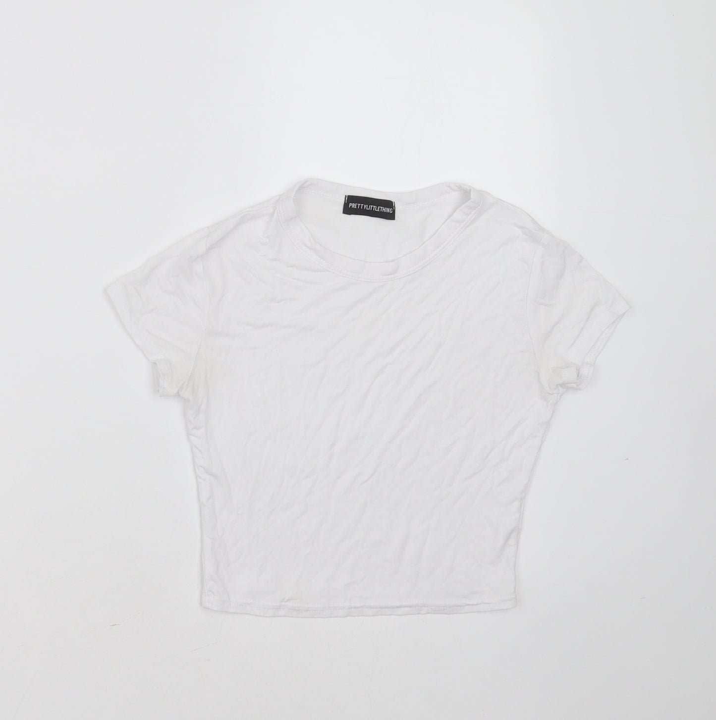 PRETTYLITTLETHING Womens White  Viscose Cropped T-Shirt Size 6 Round Neck