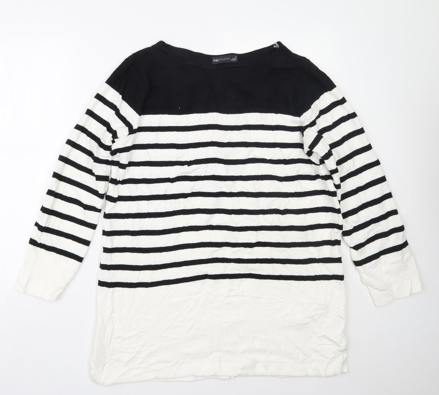 M&S Womens White Boat Neck Striped Cotton Pullover Jumper Size 16