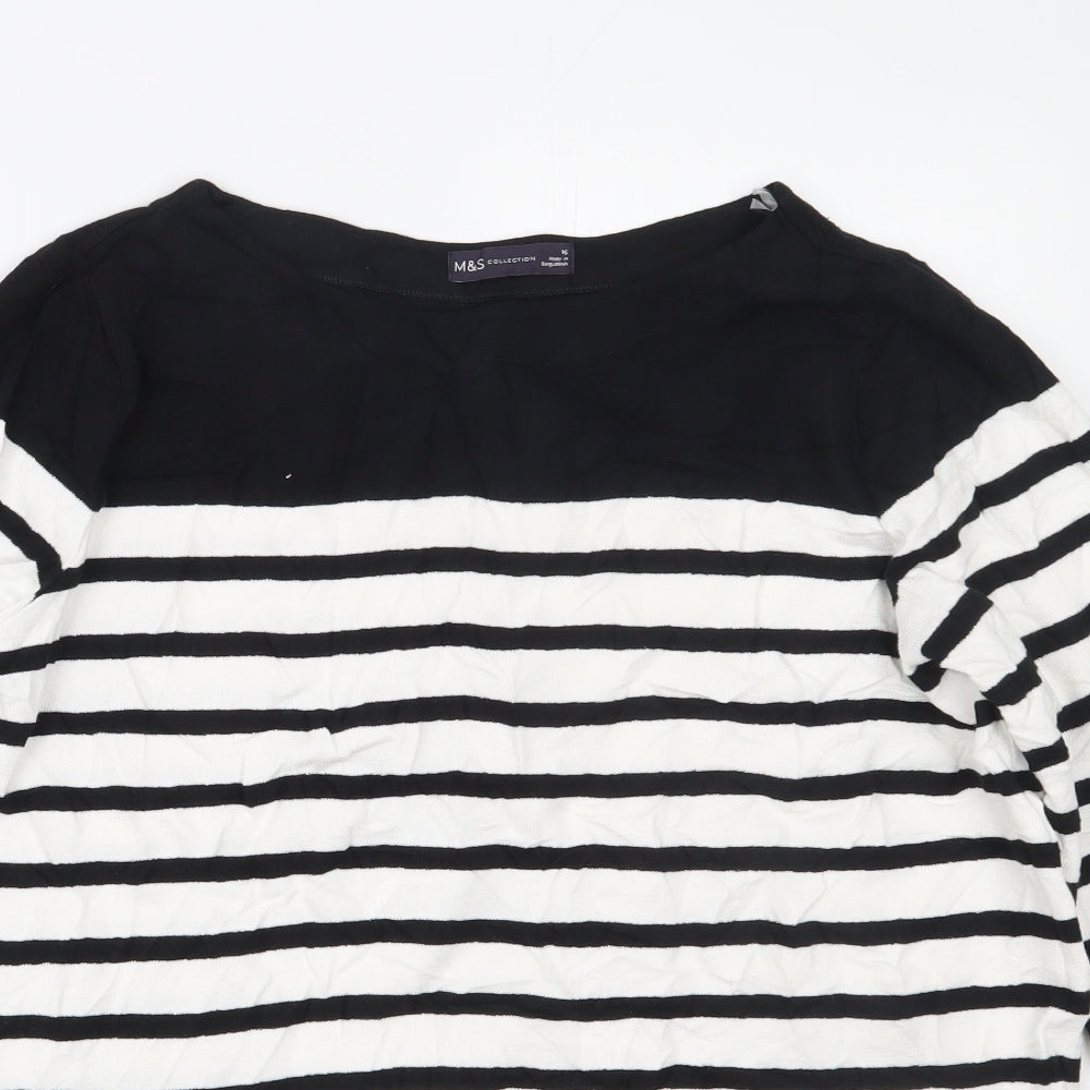 M&S Womens White Boat Neck Striped Cotton Pullover Jumper Size 16