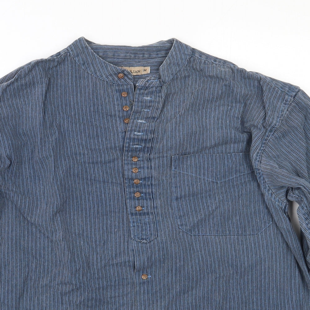Civilian Mens Blue Striped Cotton  Button-Up Size M Henley Button