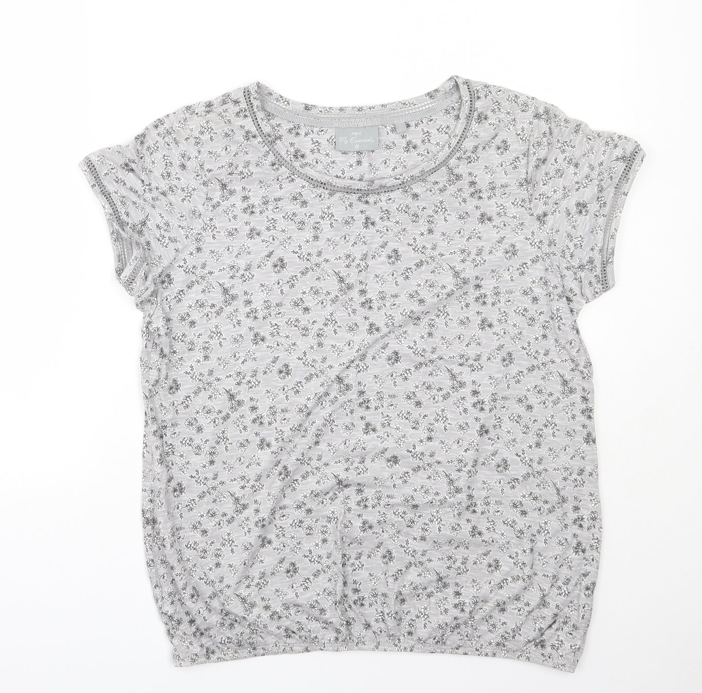 NEXT Womens Grey Floral Cotton Basic T-Shirt Size 16 Round Neck