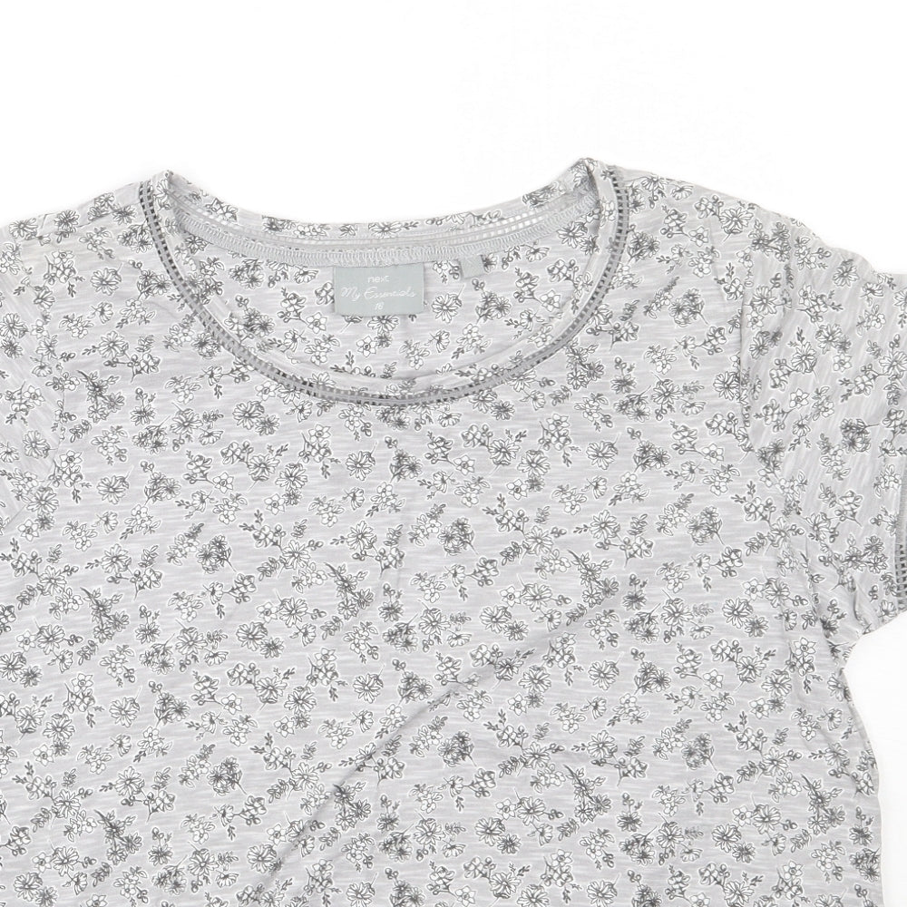 NEXT Womens Grey Floral Cotton Basic T-Shirt Size 16 Round Neck