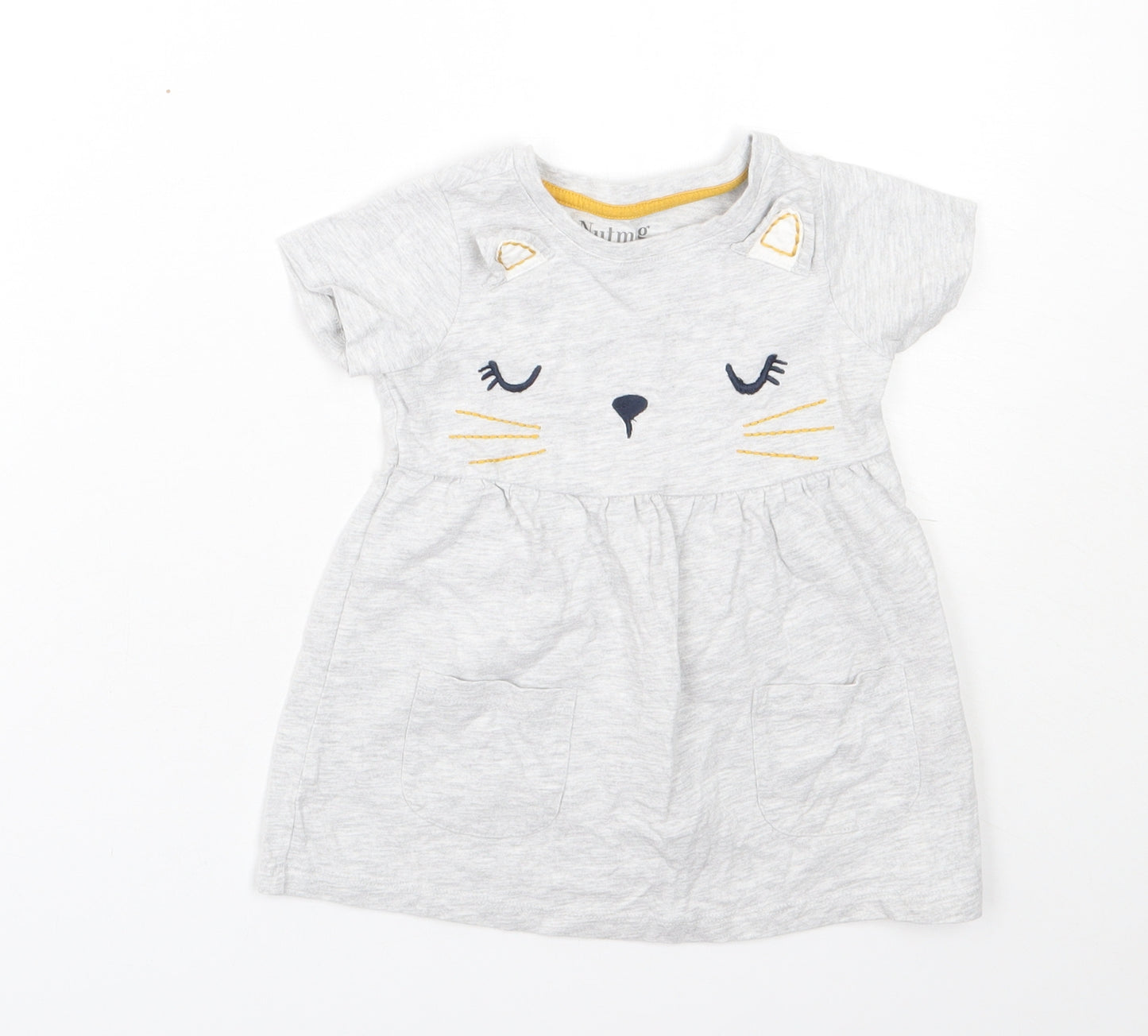 Nutmeg Girls Grey  Cotton T-Shirt Dress  Size 2-3 Years  Round Neck  - Cat