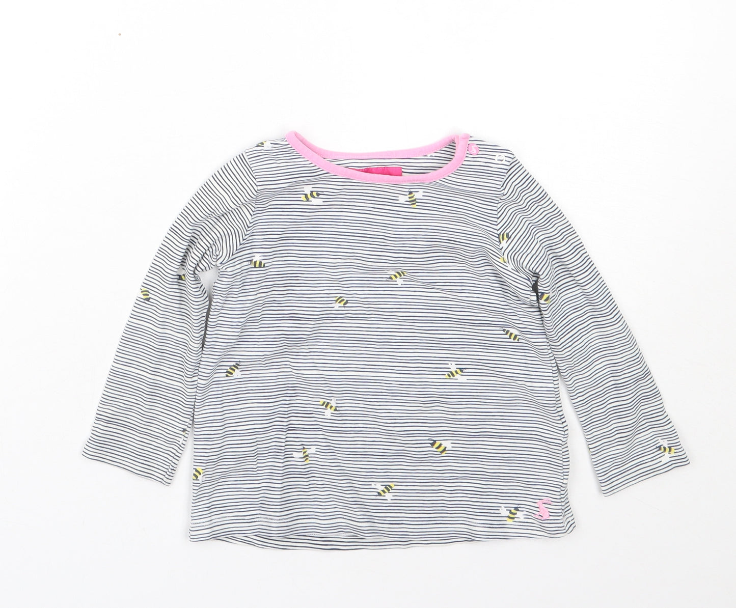 Joules Girls White Striped Cotton Basic T-Shirt Size 2-3 Years Round Neck Snap - Bees