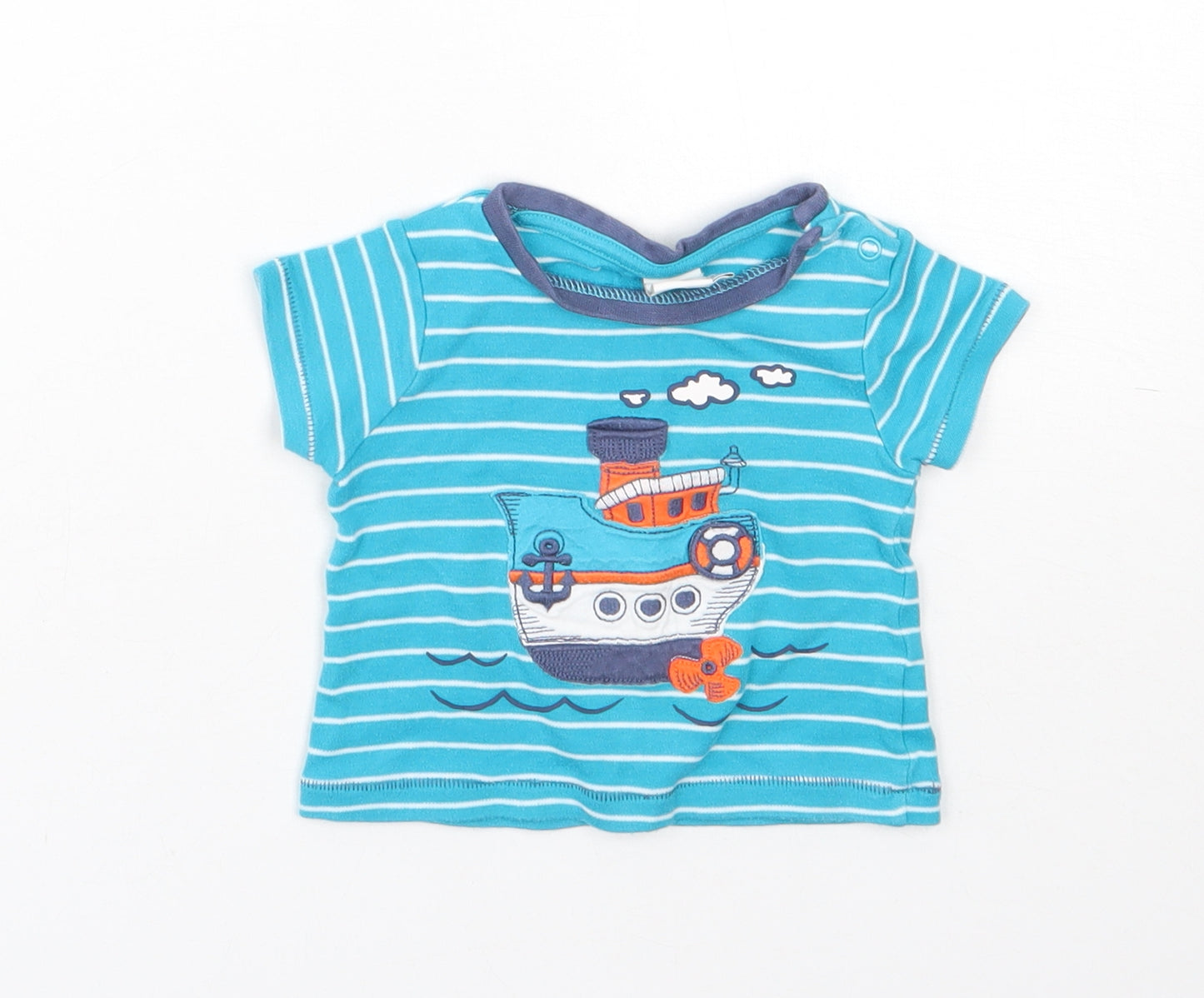 Mini Club Girls Blue Striped Cotton Basic T-Shirt Size 3-6 Months Round Neck  - boat