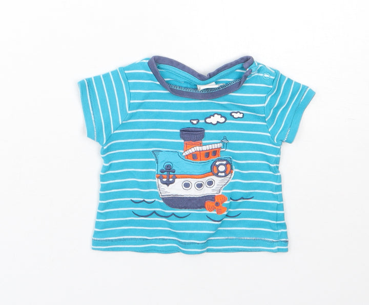 Mini Club Girls Blue Striped Cotton Basic T-Shirt Size 3-6 Months Round Neck - boat