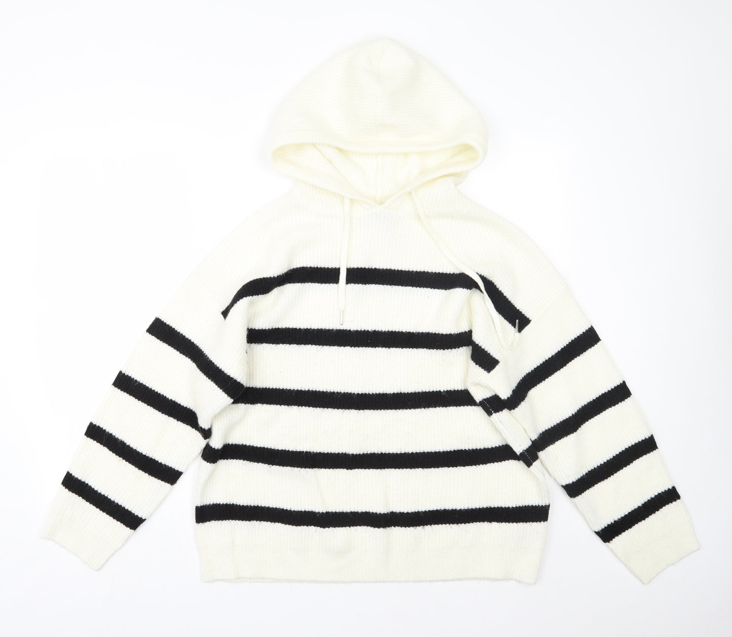 Primark Womens White Round Neck Striped Acrylic Pullover Jumper Size M