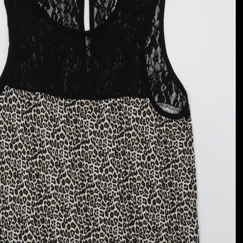 Preworn Womens Brown Animal Print Polyamide Basic Tank Size 12 Crew Neck - lace detail at top