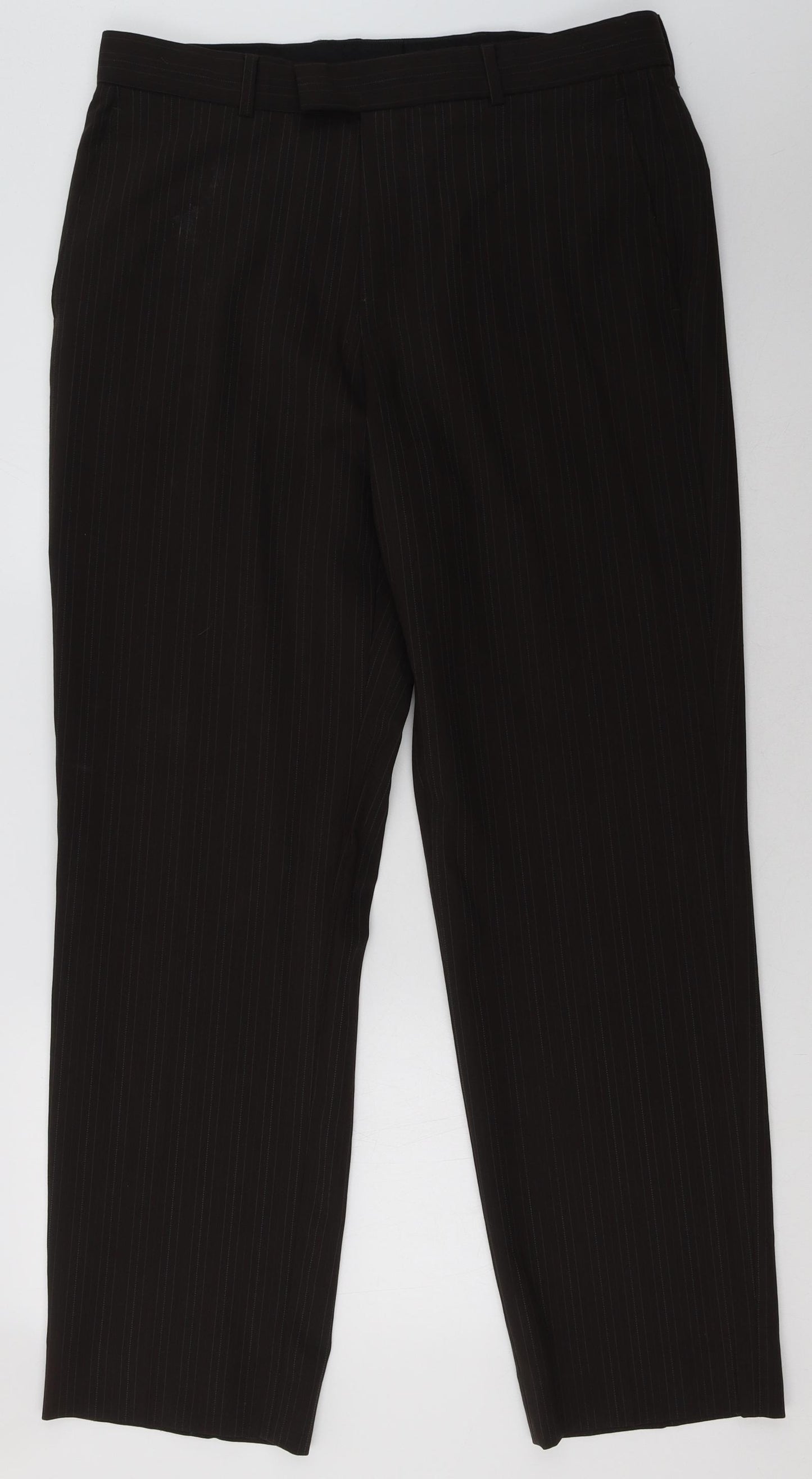 NEXT Mens Brown Striped Polyester Trousers  Size 34 L32 in Regular Hook & Eye