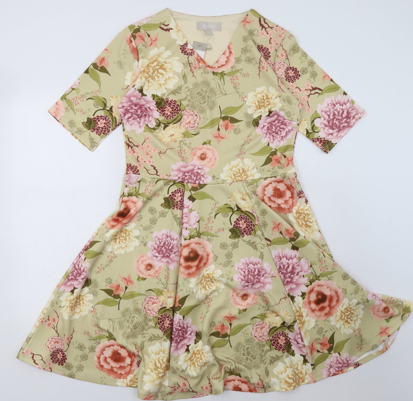havren Womens Green Floral Polyester A-Line  Size 14  V-Neck Pullover