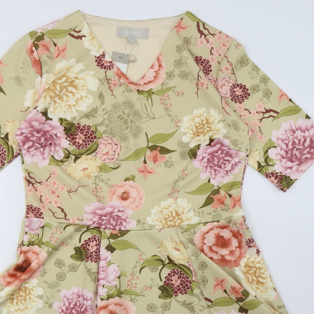 havren Womens Green Floral Polyester A-Line  Size 14  V-Neck Pullover