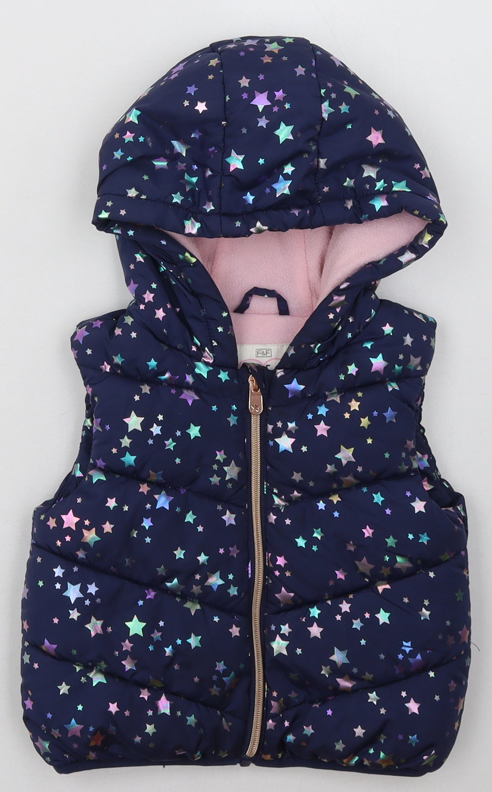 F&F Girls Blue Geometric  Gilet Jacket Size 18-24 Months   Zip - Star Print