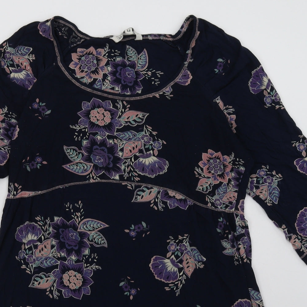 fatface Womens Blue Floral Viscose A-Line  Size 12  Scoop Neck Pullover