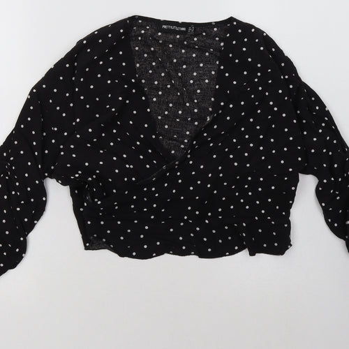 PRETTYLITTLETHING Womens Black Polka Dot Cotton Cropped Blouse Size 10 V-Neck