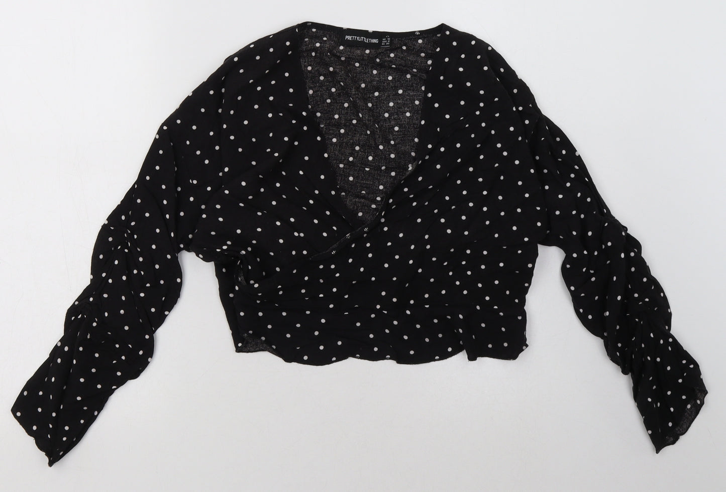 PRETTYLITTLETHING Womens Black Polka Dot Cotton Cropped Blouse Size 10 V-Neck