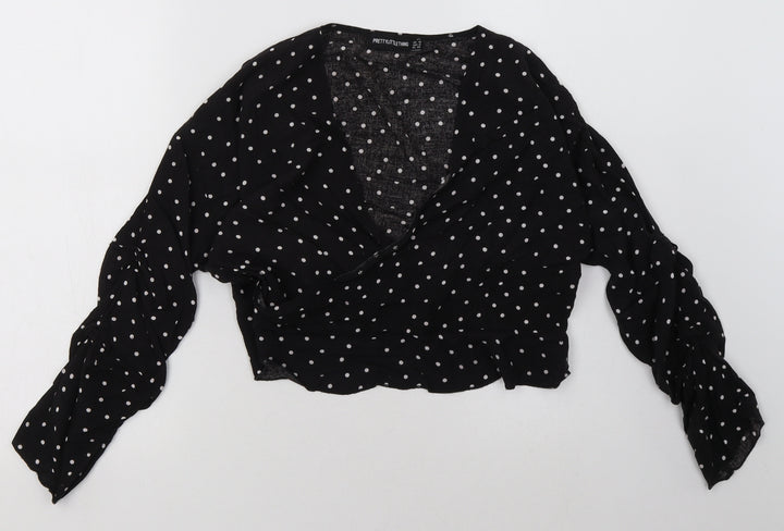 PRETTYLITTLETHING Womens Black Polka Dot Cotton Cropped Blouse Size 10 V-Neck