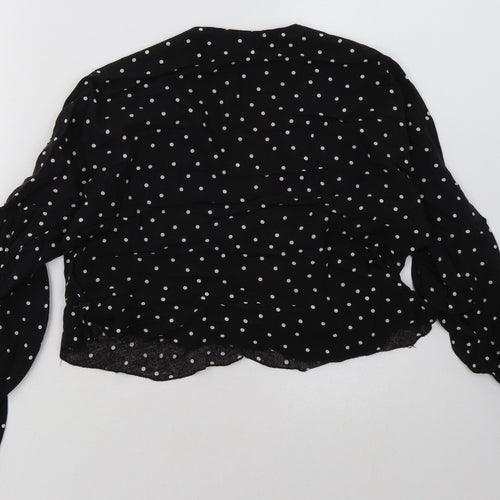 PRETTYLITTLETHING Womens Black Polka Dot Cotton Cropped Blouse Size 10 V-Neck