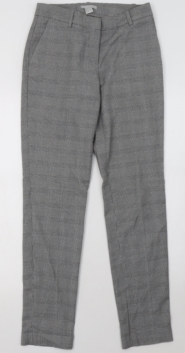 H&M Womens Grey Check Polyester Trousers  Size 4 L32 in Regular Hook & Eye