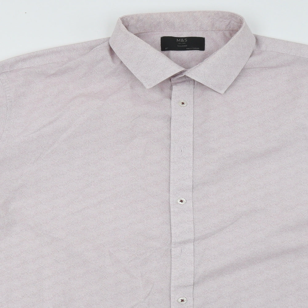 Marks and Spencer Mens Pink Geometric Cotton  Button-Up Size 17 Collared Button