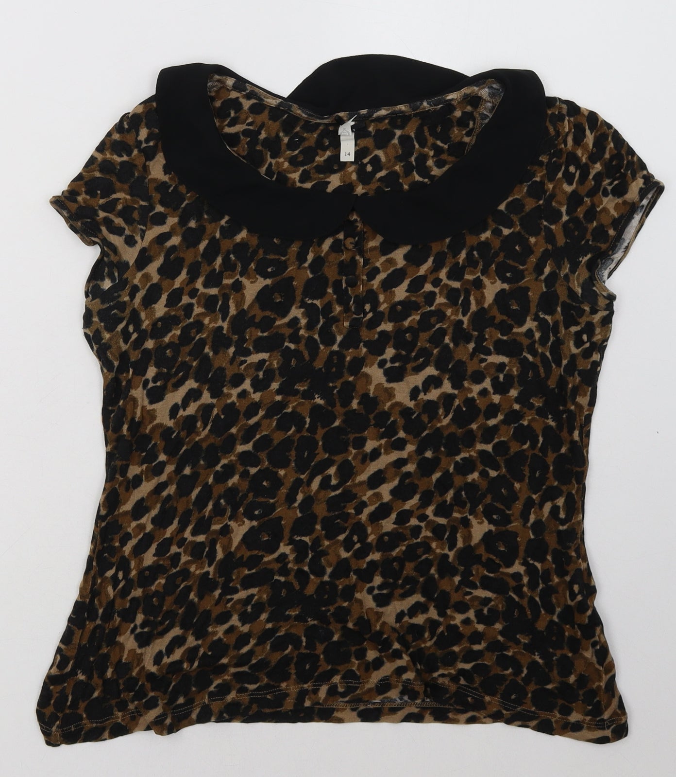 NEXT Womens Brown Animal Print Viscose Basic T-Shirt Size 14 Collared
