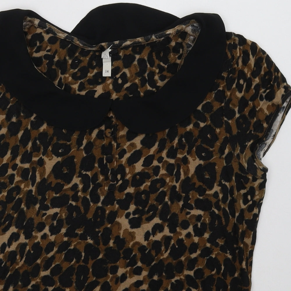 NEXT Womens Brown Animal Print Viscose Basic T-Shirt Size 14 Collared