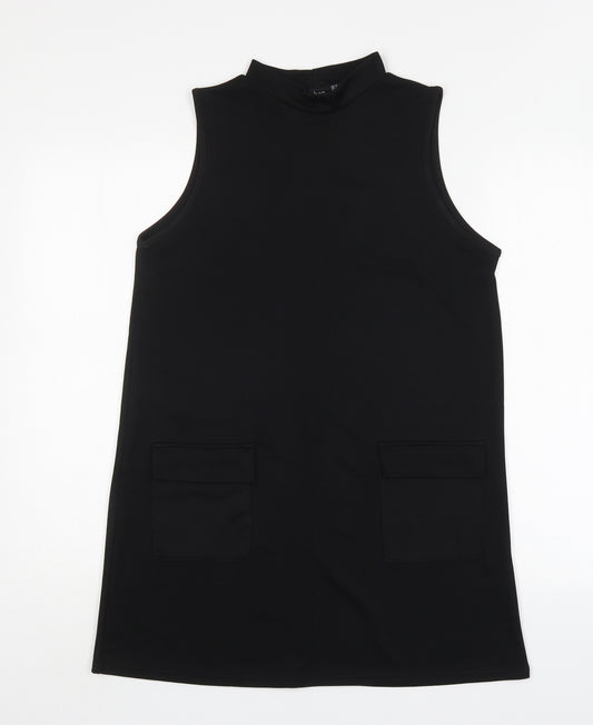 Front view of Boohoo women’s black polyester mini, size UK 12, round neck