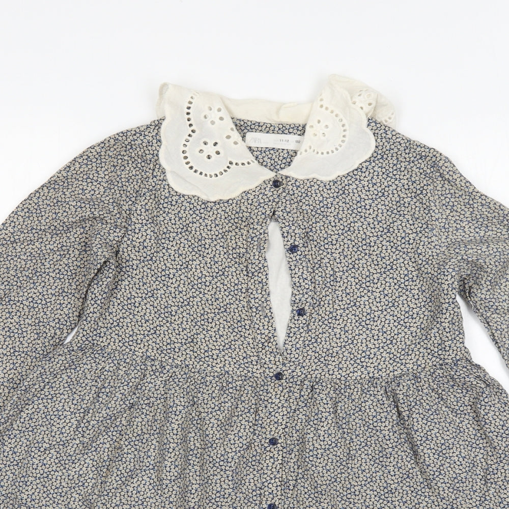 Zara Girls Multicoloured Floral Viscose A-Line  Size 11-12 Years  Collared