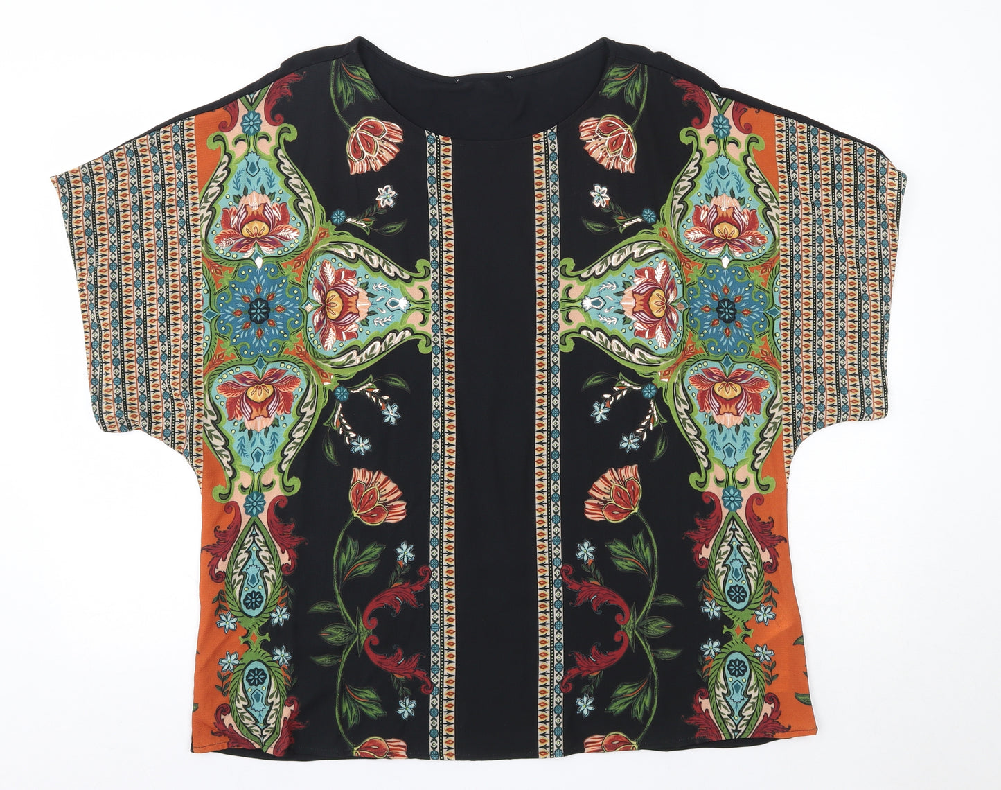 M&S Womens Black Floral Polyester Basic Blouse Size 18 Round Neck