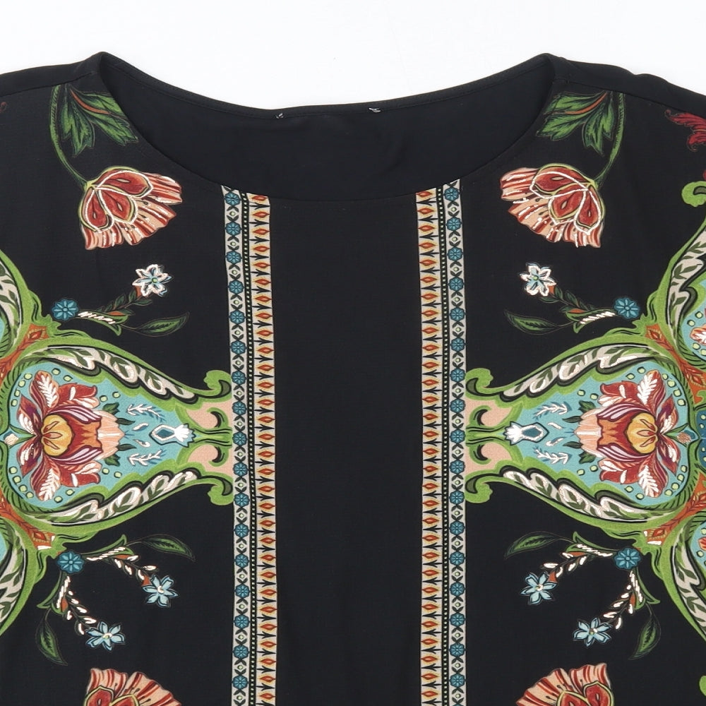 M&S Womens Black Floral Polyester Basic Blouse Size 18 Round Neck