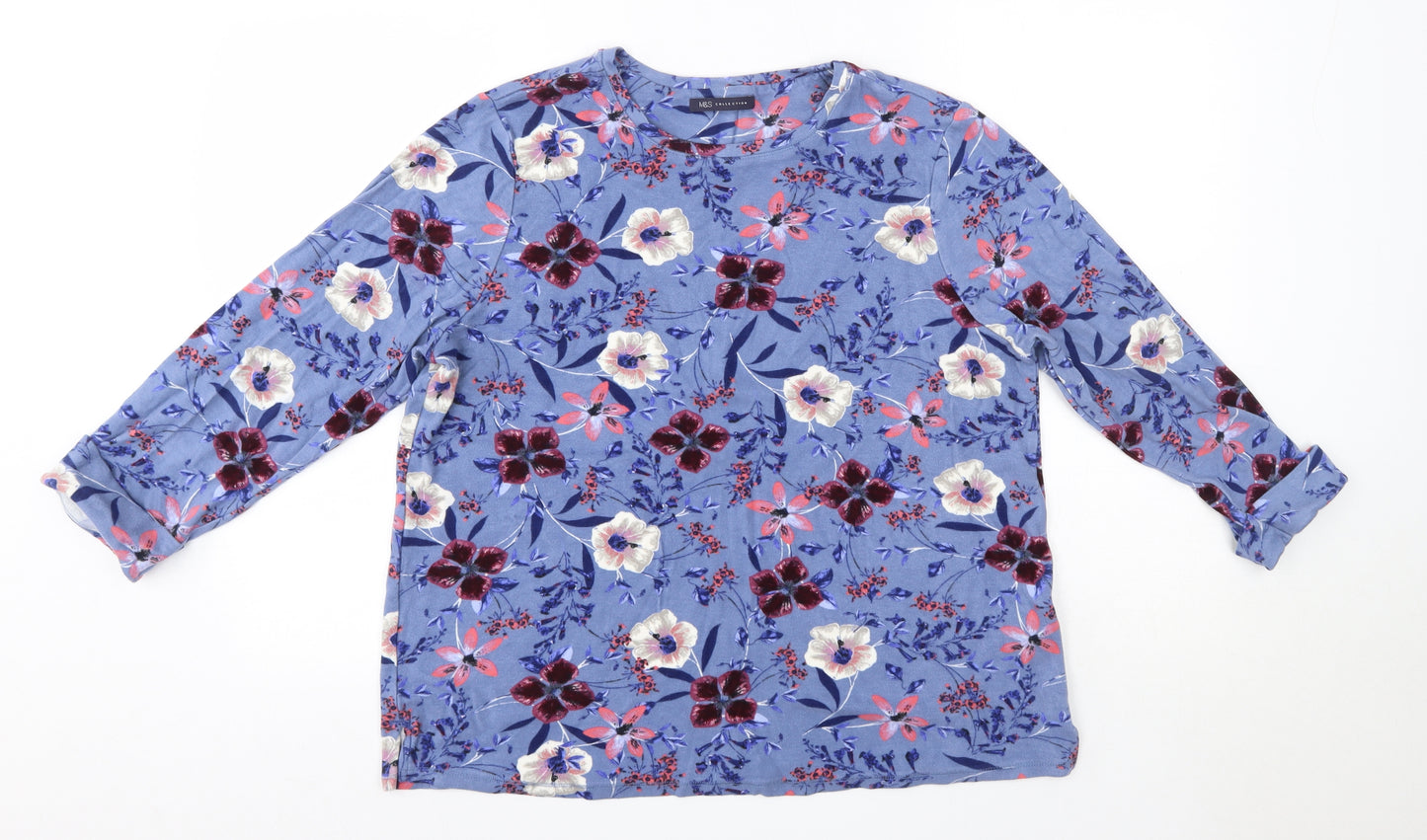 M&S Womens Blue Round Neck Floral Viscose Pullover Jumper Size 18