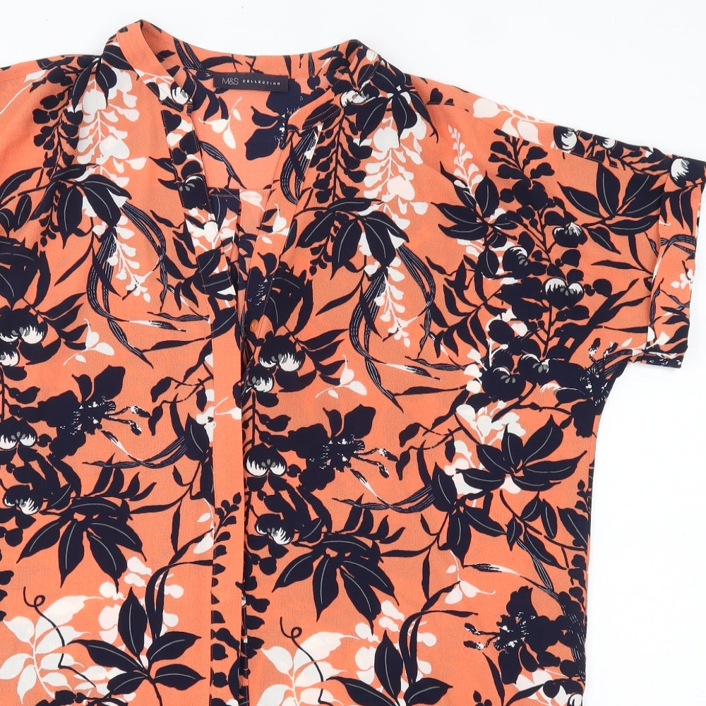 M&S Womens Orange Floral Polyester Shirt Dress  Size 16  V-Neck