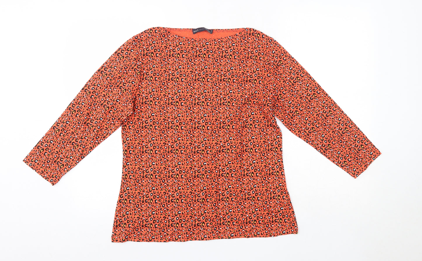M&S Womens Orange Animal Print Cotton Basic Blouse Size 16 Round Neck