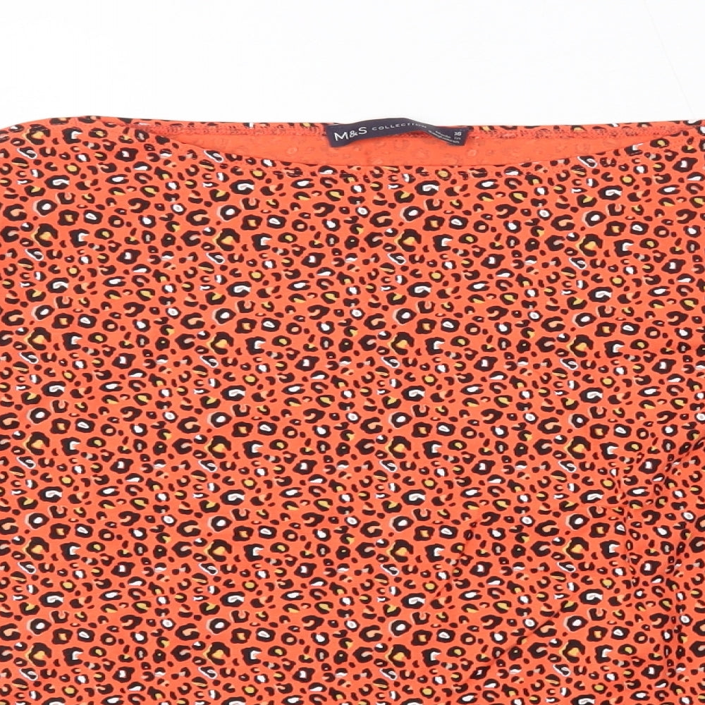 M&S Womens Orange Animal Print Cotton Basic Blouse Size 16 Round Neck