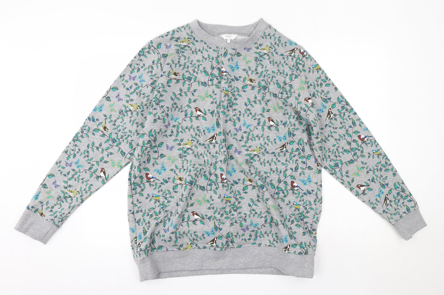 Cotton Traders Womens Grey Round Neck Floral Cotton Pullover Jumper Size 18   - Birds