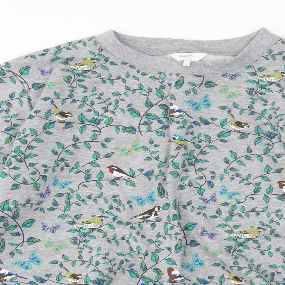 Cotton Traders Womens Grey Round Neck Floral Cotton Pullover Jumper Size 18   - Birds