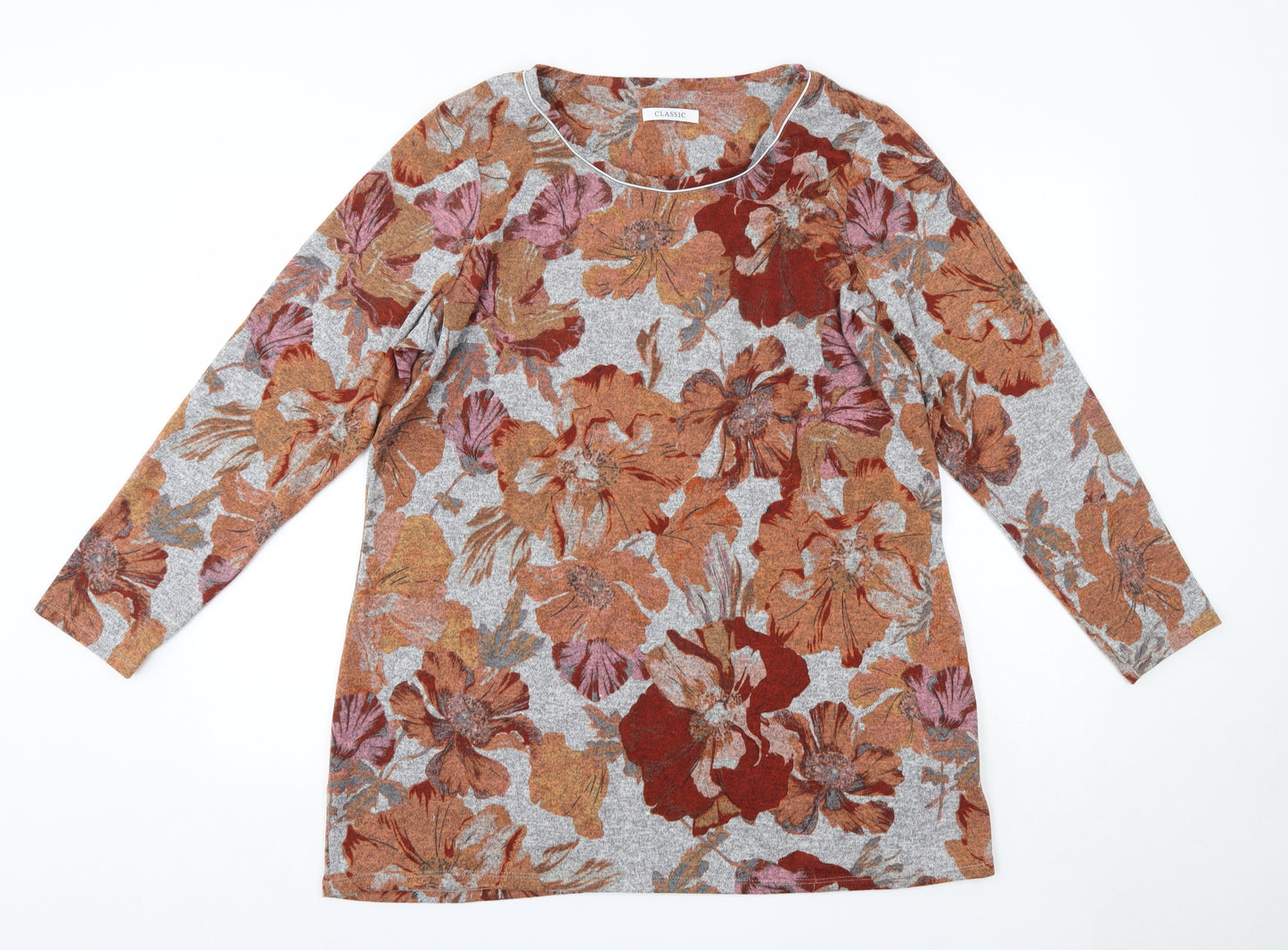 M&S Womens Grey Floral Polyester Basic Blouse Size 18 Round Neck