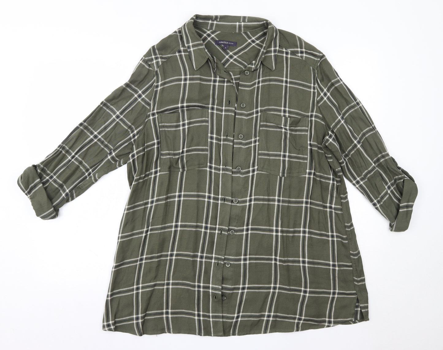 M&S Womens Green Check Viscose Basic Button-Up Size 16 Collared