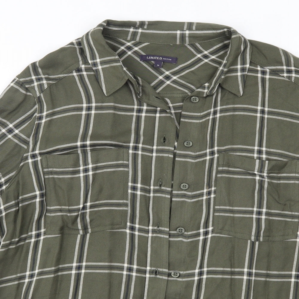 M&S Womens Green Check Viscose Basic Button-Up Size 16 Collared