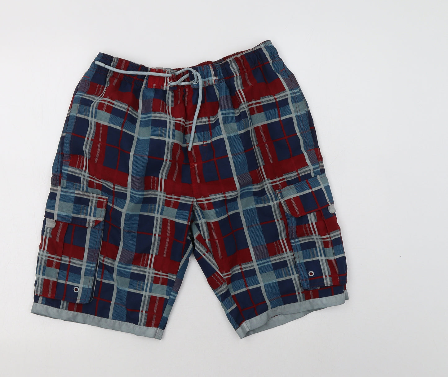 Preworn Mens Blue Check Polyester Cargo Shorts Size S L10 in Regular Drawstring