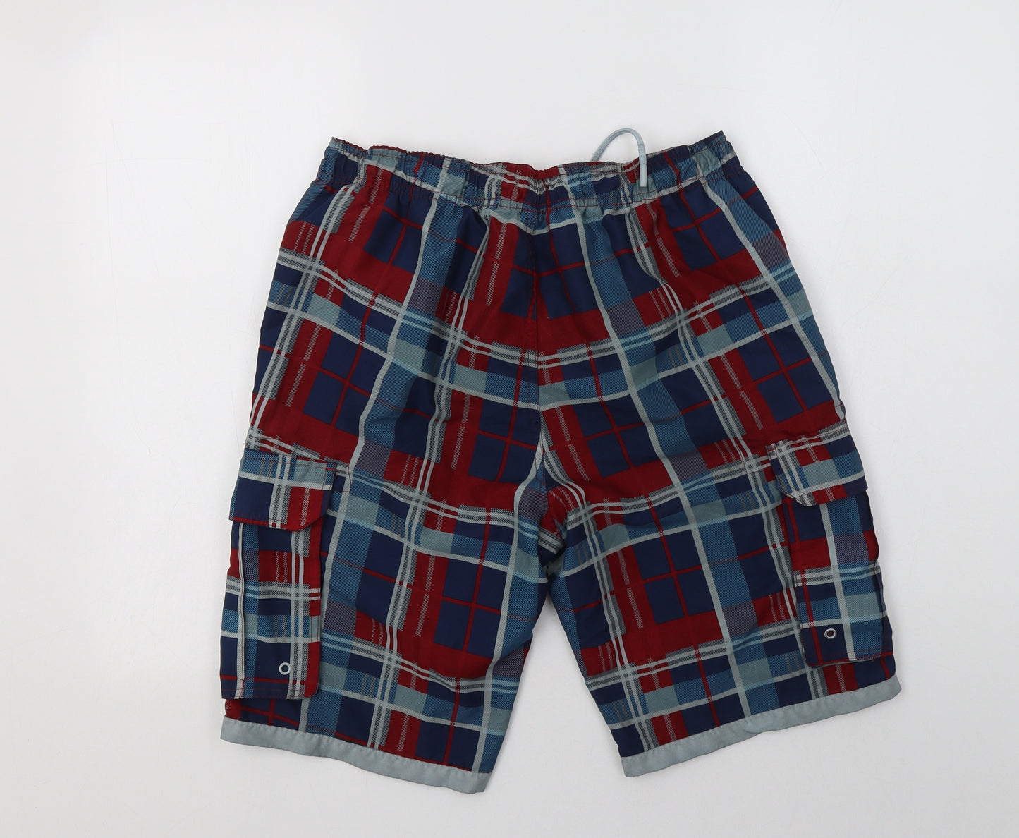 Preworn Mens Blue Check Polyester Cargo Shorts Size S L10 in Regular Drawstring