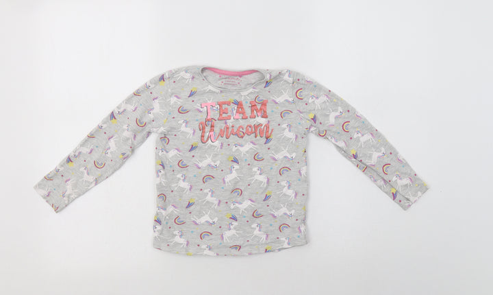 Primark Girls Grey Geometric Cotton Top Pyjama Top Size 5-6 Years - Unicorn Print