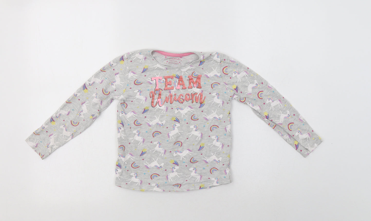 Primark Girls Grey Geometric Cotton Top Pyjama Top Size 5-6 Years   - Unicorn Print