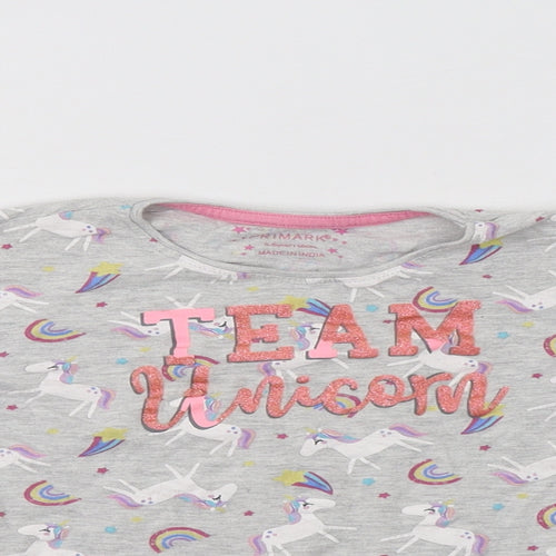 Primark Girls Grey Geometric Cotton Top Pyjama Top Size 5-6 Years   - Unicorn Print