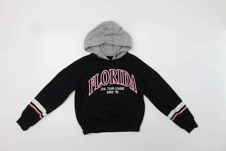 F&F Girls Black Striped Cotton Pullover Hoodie Size 11-12 Years - Florida