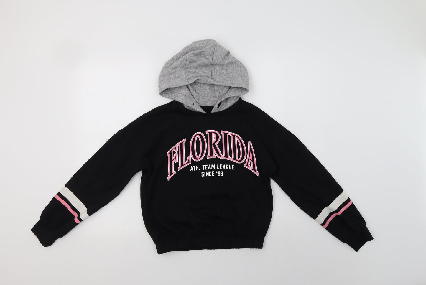 F&F Girls Black Striped Cotton Pullover Hoodie Size 11-12 Years   - Florida