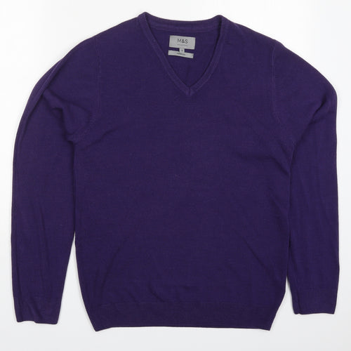 Marks and Spencer Mens Purple V-Neck  Acrylic Pullover Jumper Size S