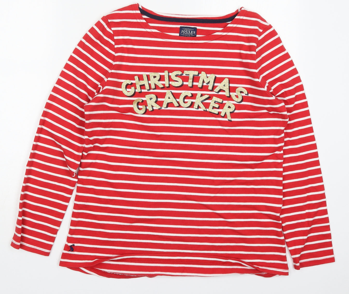 Joules Womens Red Striped Cotton Basic T-Shirt Size 14 Round Neck - Christmas Cracker