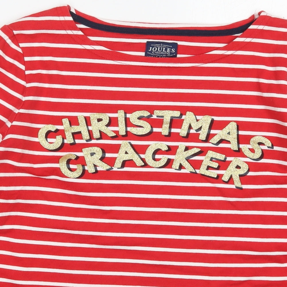 Joules Womens Red Striped Cotton Basic T-Shirt Size 14 Round Neck - Christmas Cracker