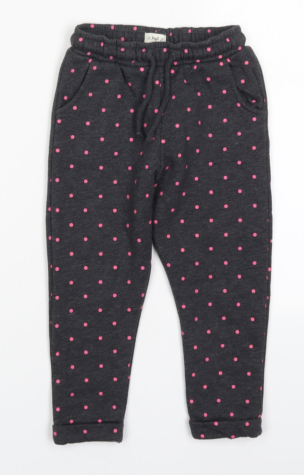 F&F Girls Grey  Cotton Sweatpants Trousers Size 3-4 Years  Regular Pullover - Pink Polka Dots
