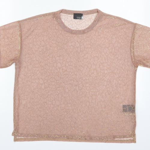 Sparkle & Fade Womens Pink Animal Print Nylon Basic T-Shirt Size M Round Neck